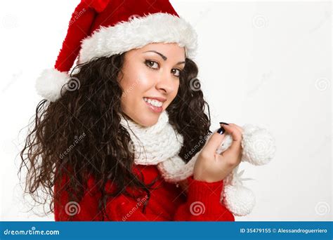 attractive brunette santa girl smiling stock image image of black