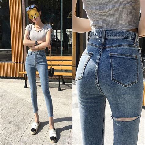 2021 women ripped jeans casual slim fit stretch high wasit skinny jeans