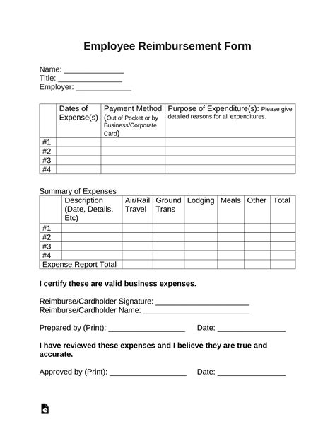 reimbursement form template template business format