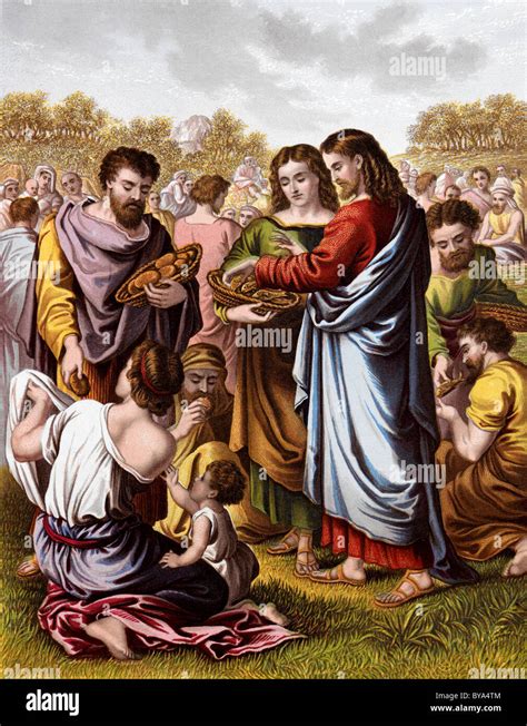 bible stories illustration  christ feeding  multitude stock photo