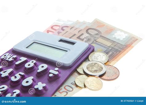 calculator euro notes  euro coins isolated  white stock image image  calculating