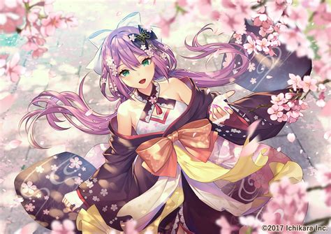 Blush Cherry Blossoms Flowers Green Eyes Japanese Clothes