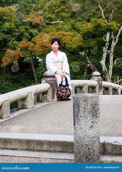 Woman In Kimono In Japanese Garden Editorial Stock Image Image Of