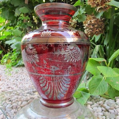 Antique Venetian Red Glass Vase Decorated With Silver Leaf
