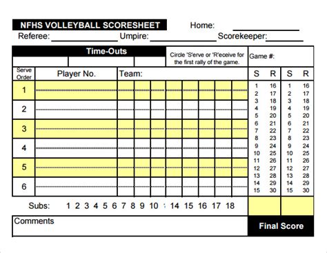 sample volleyball score sheet templates  google docs
