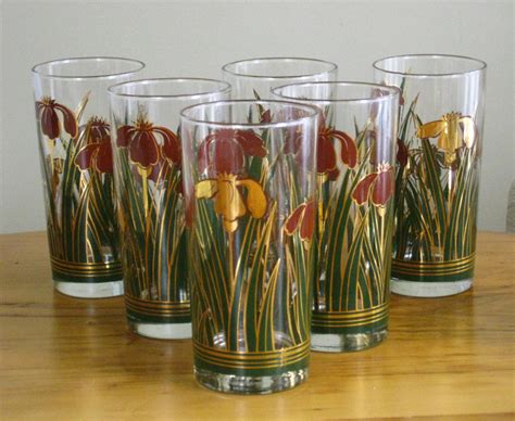 vintage set of six drinking glasses red gold iris flower etsy