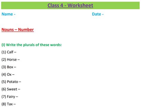nouns number class  worksheet fill   blanks  correct option write  plural