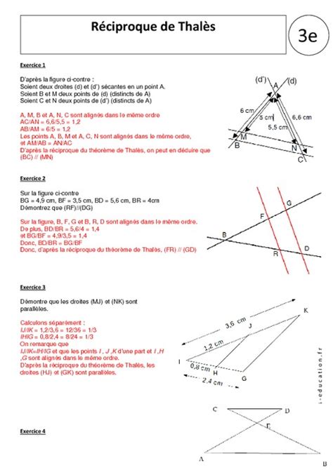 réciproque théorème de thalès exercices corrigés 3ème géométrie