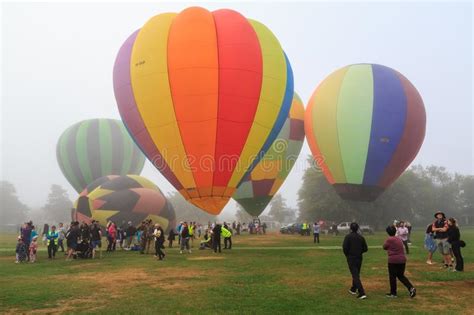 colorful hot air balloons on a foggy day editorial image