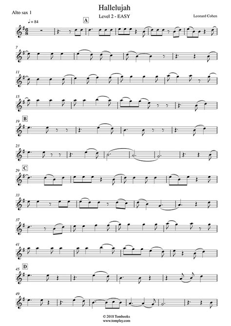 Hallelujah Easy Level Alto Sax Leonard Cohen Saxophone Sheet Music