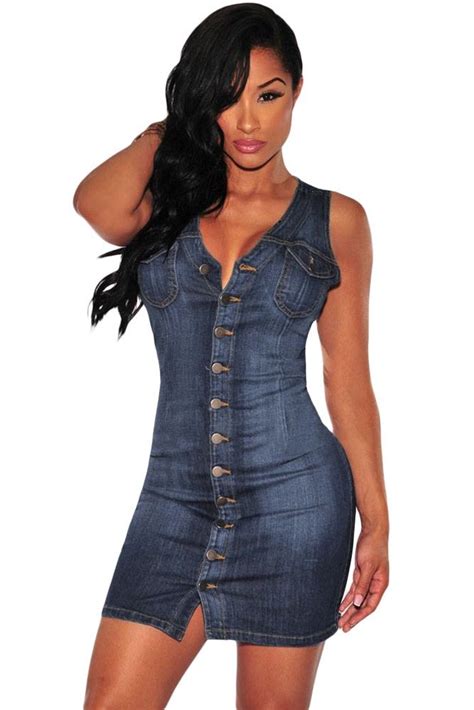 women short blue sleeveless denim button up dress online store for