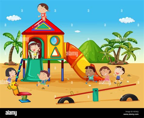 scene  kids playing   playground illustration stock vector art