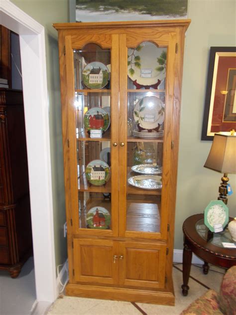 Oak Glass Curio Cabinet With Doors And Glass Shelves 36 X 19 X 84