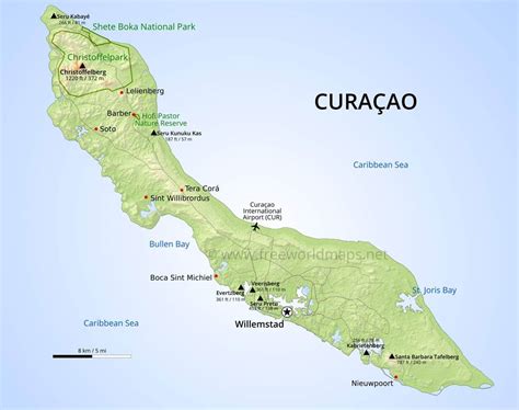 curacao map geographical features  curacao   caribbean freeworldmapsnet