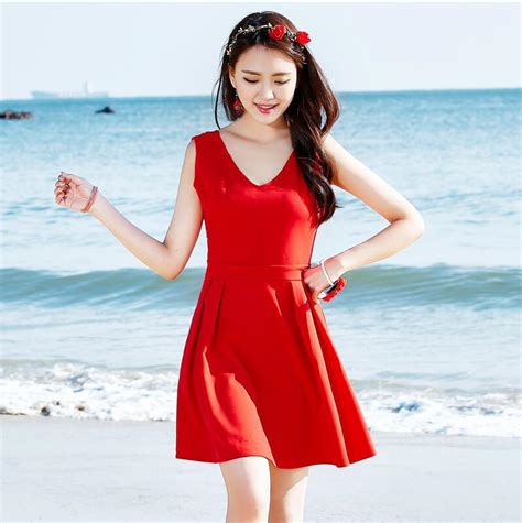 2017 sexy red summer beach wear sleeveless v neck above knee mini beach