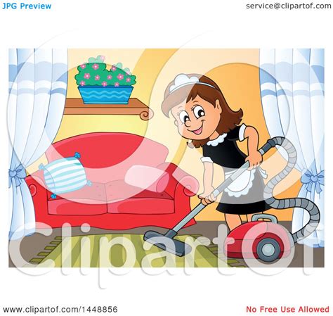 clipart of a cartoon happy brunette maid vacuuming a
