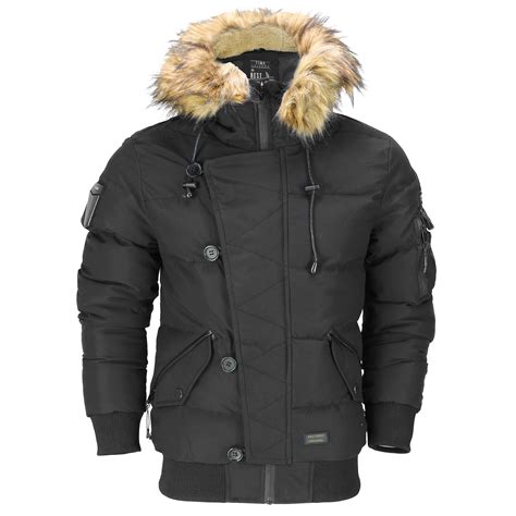 mens heavyweight winter warm padded jacket with fur trim hood pilot