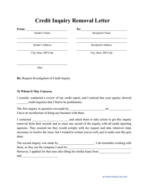 credit inquiry removal letter template  printable