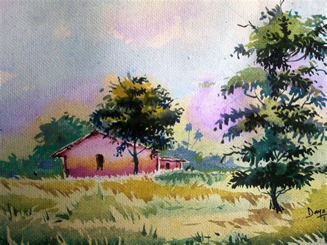 watercolor painting   village scene desipainterscom