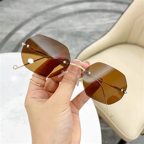 retro polygon round women sunglasses fashion rimless clear ocean