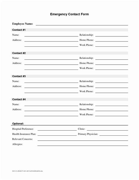 employee contact information form luxury employee emergency contact printable form  pin