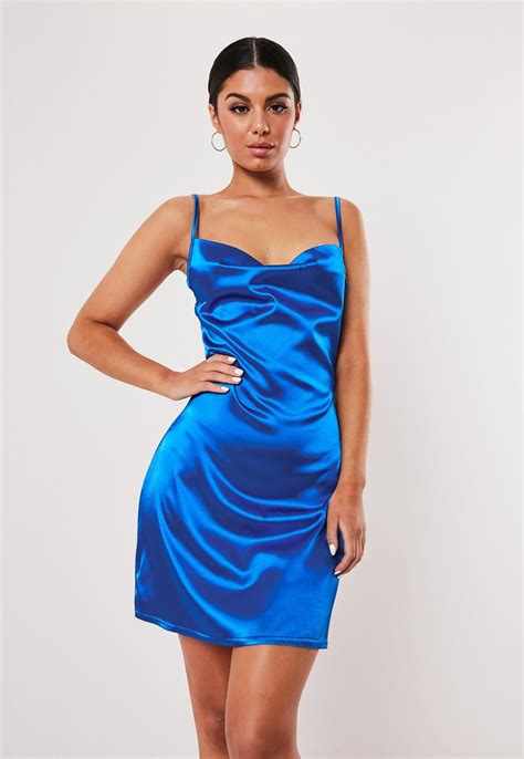 Blue Satin Strappy Cowl Neck Shift Dress Missguided Bright Blue