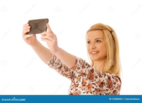 Beautiful Young Blond Woman Taking Selfie Isolated Over White Ba Stock