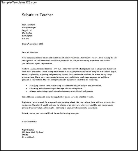 substitute teacher cover letter  template   sample
