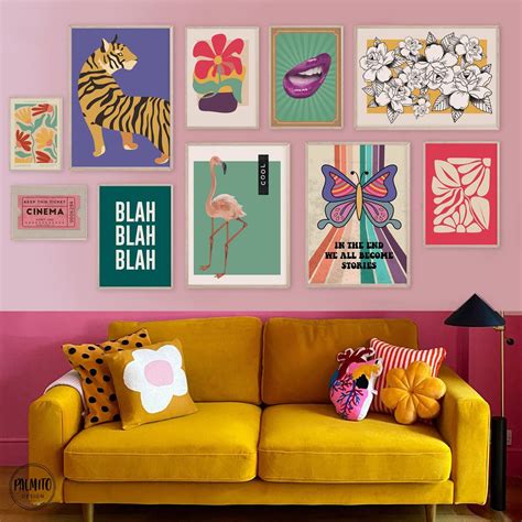colorful wall art set   eclectic gallery wall set retro brhigt