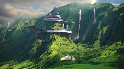 landscape futuristic house mountains waterfall science fiction digital art wallpapers hd