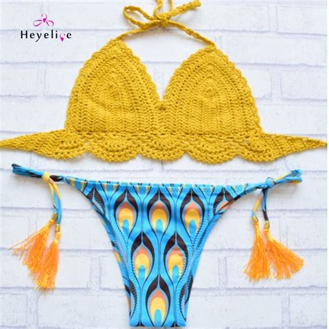 new crochet bikinis women swimsuits halter solid knitted top low waist