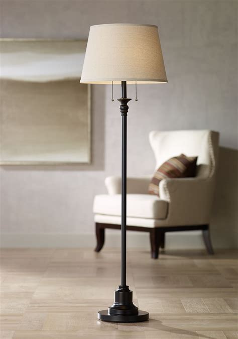 lighting traditional floor lamp  tall oiled bronze linen fabric drum shade  living