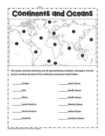 continents  oceans worksheets