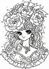 Girl Manga Coloring Adult Pages Rose Adults Flowered Kawaii Headdress Elegant Beautiful sketch template