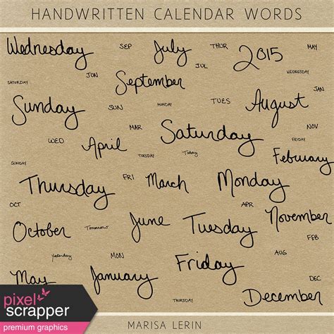 handwritten calendar words  marisa lerin graphics kit