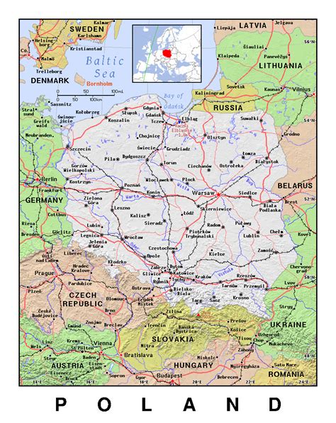 detailed political map of poland with relief poland