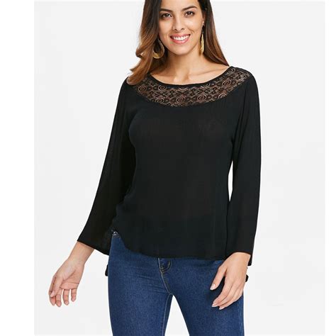neck casual flare long sleeve shirt lace black blouse tops clothes women long sleeve blouse