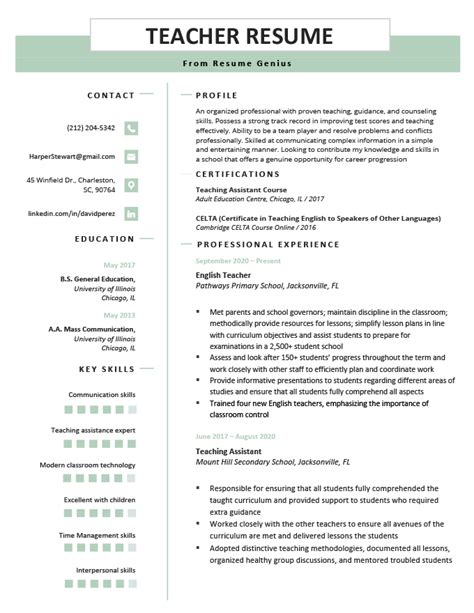 sample resume  english teacher  experience  samples