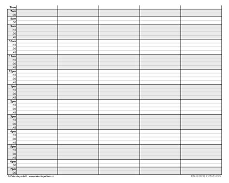 hourly schedules   format  templates