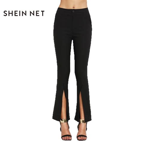 sheinnet casual solid black slim women pants sexy front split female pants elegant fabric