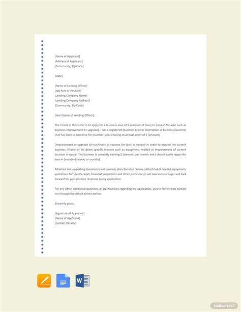 business loan application letter template  google docs word pages