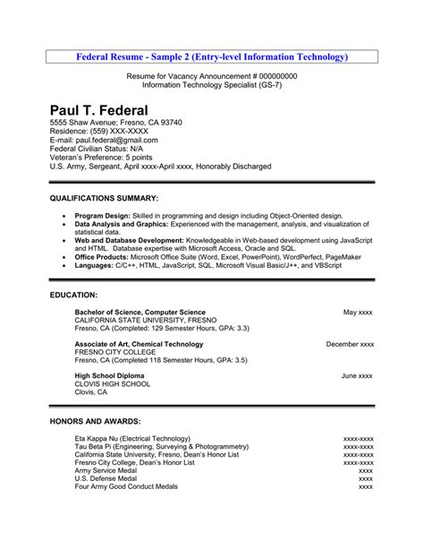 paul  federal federal resume sample  entry level information