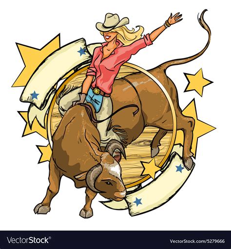 Rodeo Cowgirl Riding A Bull Label Design With Vector Image
