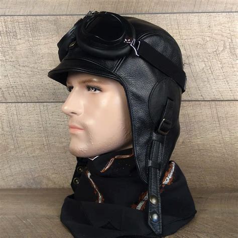 Black Leather Aviator Hat Motorcycle Helmet Convertible Etsy Hats