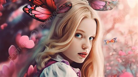girl with long blonde hair surrounded by butterflies background