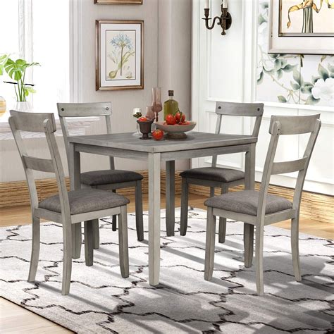 piece dining table set industrial wood kitchen table   padded chairs  piece dining room