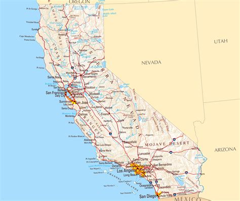 large road map  california sate  relief  cities california state usa maps