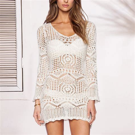 sexy white lace beach dresses women summer long sleeve tunic crochet