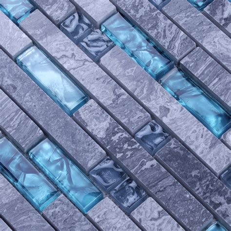 Grey Marble Stone Blue Glass Mosaic Tiles Backsplash