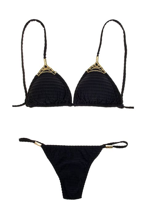 Lua Morena Black Thong Swimwear With Golden Jewels Mini Textura